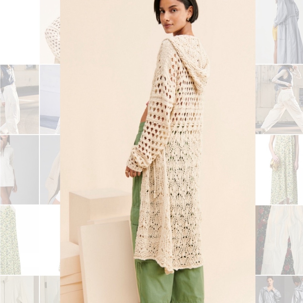 Free People Sweet Talker Long Hooded Crocheted Cardigan Sweater Beige Size XS